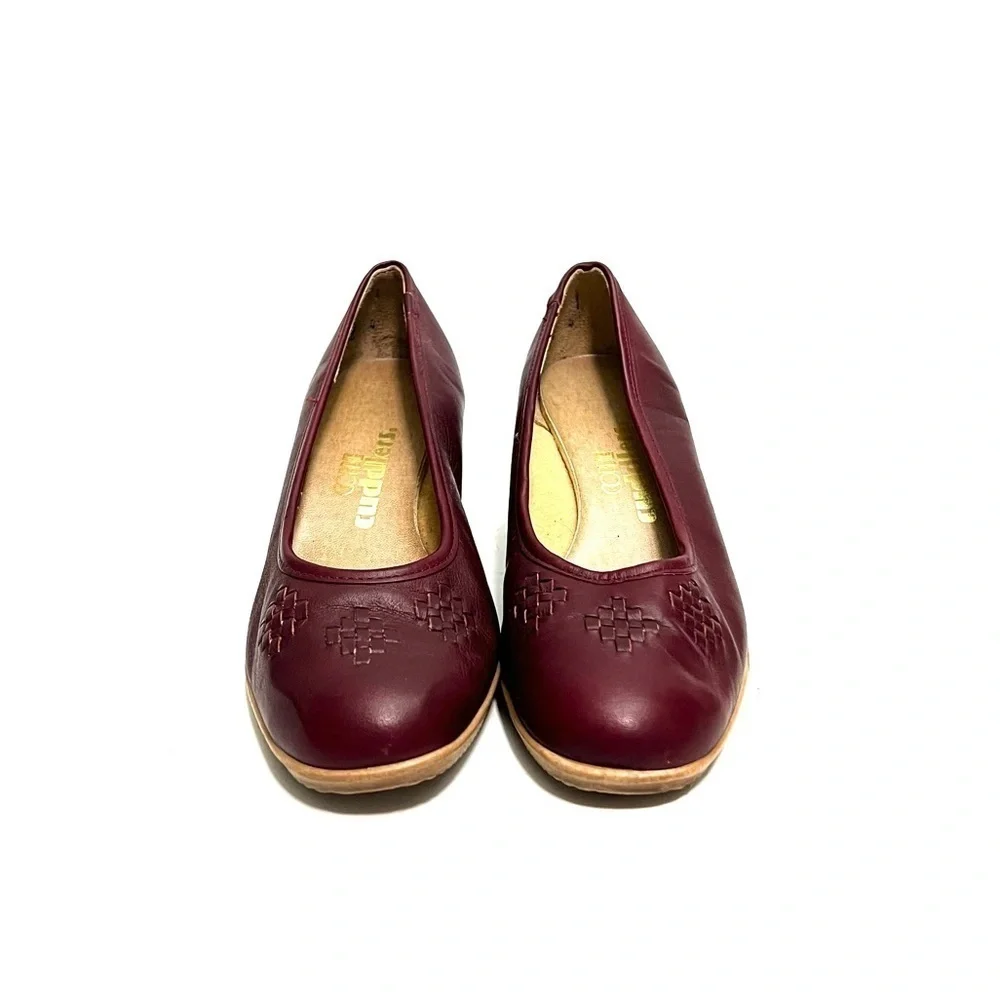 Vintage 1970s oxblood leather woven chunky slip on wedge heels
